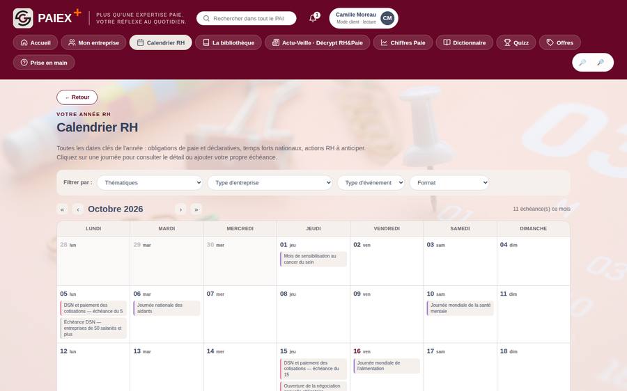 Aperçu du calendrier RH PAIEX+